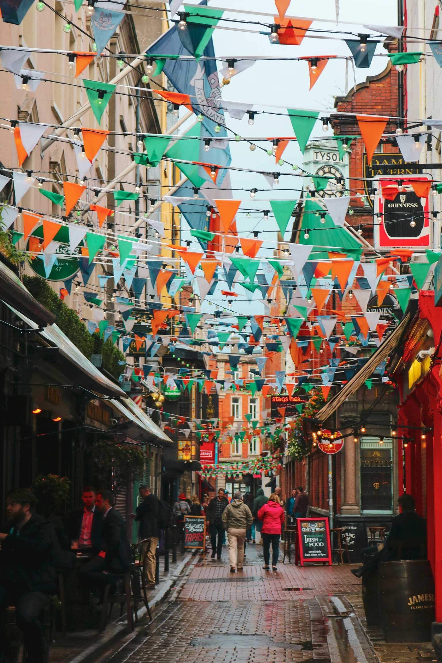 A traditional Dublin pub front, hung with bunting